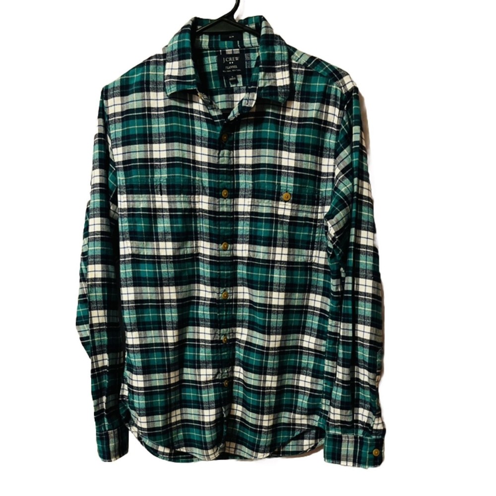 J Crew Shirt Green White Plaid Flannel Men’s Size Small Slim Fit Button Up Shirt